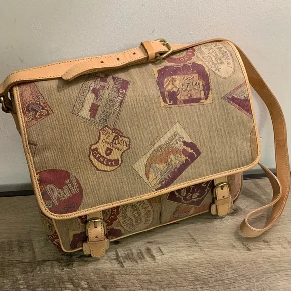 Vintage DESMO Beige JACQUARD LEATHER Travel Icons MESSENGER Tapestry PURSE BAG - Picture 2 of 6